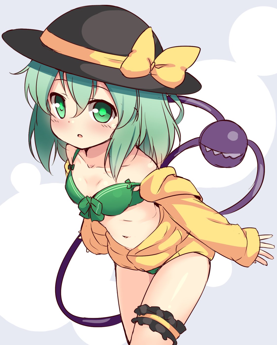 1girl, baku-p, bikini, commentary_request, green_bikini, green_eyes, green_hair, green_swimsuit, hat, highres, jacket, komeiji_koishi, leaning_forward, navel, off_shoulder, open_clothes, open_jacket, short_hair, solo, swimsuit, thigh_strap, third_eye, touhou, yellow_jacket