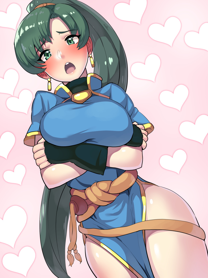 1girl, bangs, blue_dress, blush, boris_(noborhys), breast_hold, breasts, crossed_arms
