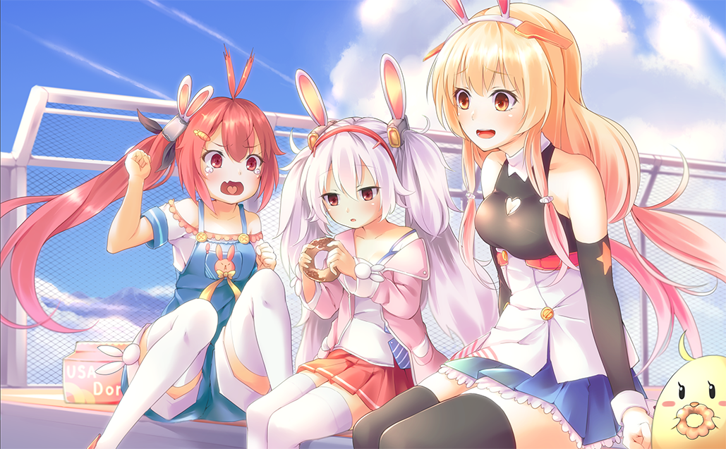3girls, :d, animal, animal_ears, antenna_hair, azur_lane, bailey_(azur_lane), bangs