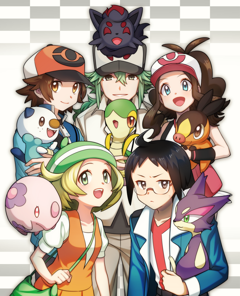 2girls, 3boys, :<, :d, ahoge, animal, antenna_hair, bag, baseball_cap, bel_(pokemon), black_hair, black_wristband, blonde_hair, blue_eyes, blue_jacket, brown_hair, cheren_(pokemon), creatures_(company), game_freak, gen_5_pokemon, green_eyes, handbag, hat, holding, holding_animal, jacket, long_hair, looking_at_viewer, multiple_boys, multiple_girls, munna, n_(pokemon), nagiru, nintendo, open_mouth, oshawott, pants, parted_lips, pokemon, pokemon_(creature), pokemon_(game), pokemon_bw, ponytail, purrloin, short_hair, sidelocks, smile, snivy, tepig, touko_(pokemon), touya_(pokemon), wristband, zipper, zorua