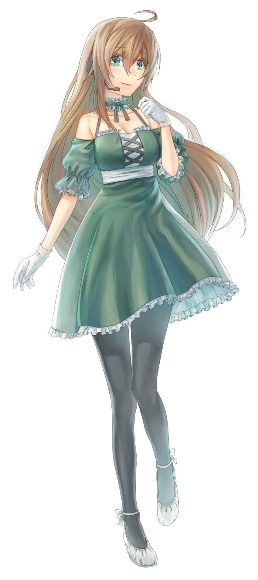 1girl, 633b, absurdres, ahoge, ballet_slippers, bare_shoulders, black_bow, black_legwear, bow, breasts, brown_hair, cleavage, dress, frilled_dress, frills, full_body, gloves, green_dress, green_eyes, hair_between_eyes, hand_up, headset, highres, light_smile, long_hair, pantyhose, solo, standing, utau, white_background, white_gloves