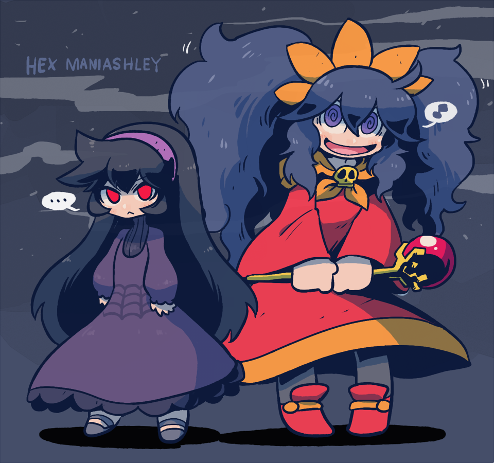 ..., 2girls, angry, ashley_(warioware), ashley_(warioware)_(cosplay), black_hair, character_name, commentary