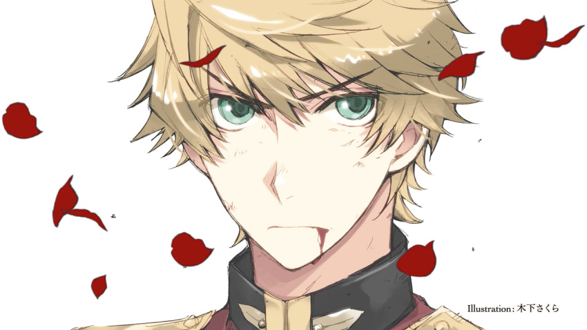 1boy, aqua_eyes, bangs, blonde_hair, blood, blood_from_mouth, blood_on_face, brown_bess_(senjuushi), end_card, frown, kinoshita_sakura, looking_at_viewer, male_focus, military, military_uniform, official_art, petals, rose_petals, senjuushi:_the_thousand_noble_musketeers, short_hair, solo, uniform