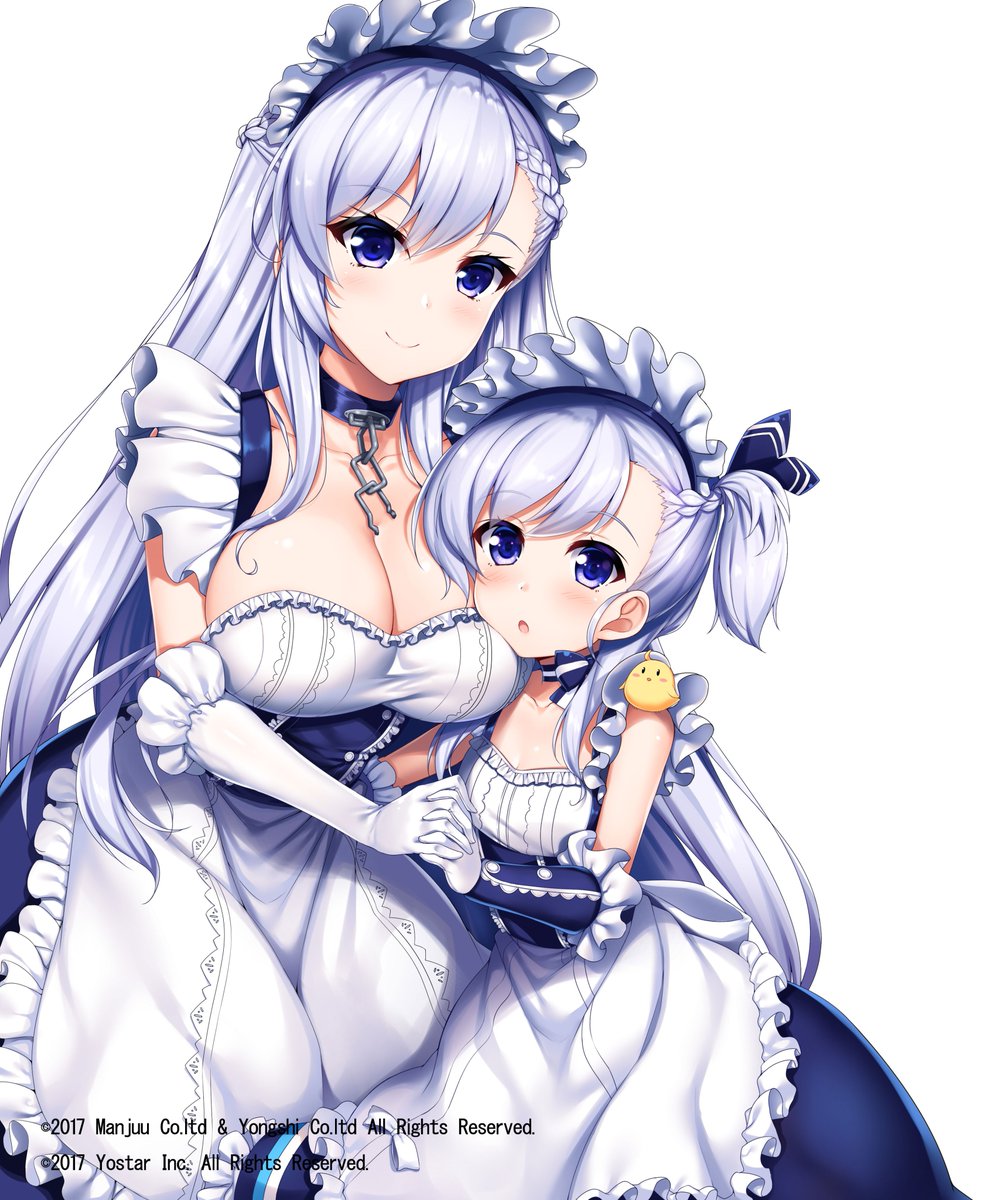 2girls, :o, animal, animal_on_shoulder, apron, azur_lane, bangs, belchan_(azur_lane)