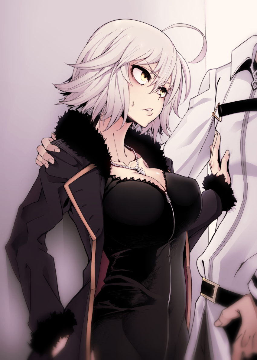 1boy, 1girl, ahoge, board_game, breasts, chaldea_uniform, cleavage, eyebrows_visible_through_hair