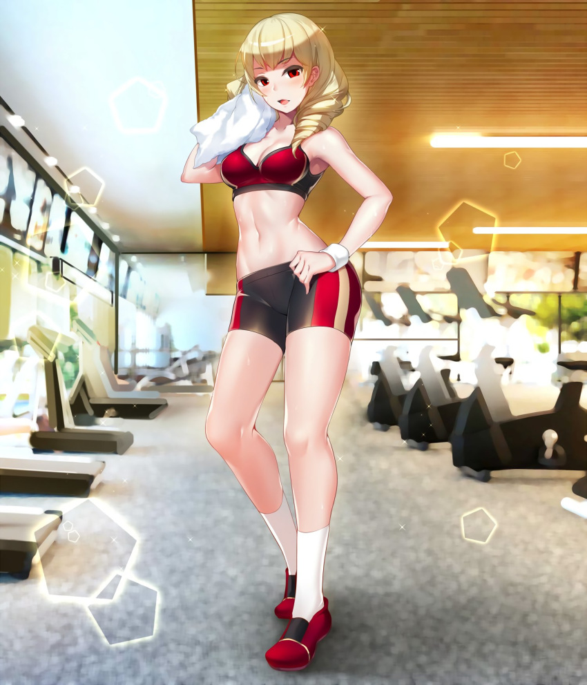 1girl, bike_shorts, blonde_hair, blush, breasts, cleavage, commentary_request, contrapposto, drill_hair, erika_wagner, eyebrows_visible_through_hair, full_body, gym, highres, hobby_account, long_legs, looking_at_viewer, medium_breasts, medium_hair, midriff, navel, open_mouth, photo_background, red_eyes, shoes, sneakers, socks, solo, sports_bra, standing, sweat, toned, towel, twin_drills, under_night_in-birth, wide_hips