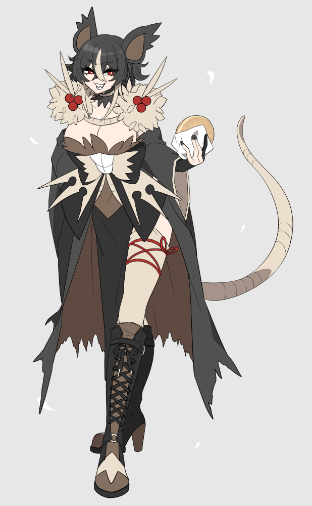 1girl, alolan_raticate, animal_ears, black_bow, black_collar, black_dress, black_footwear, black_gloves