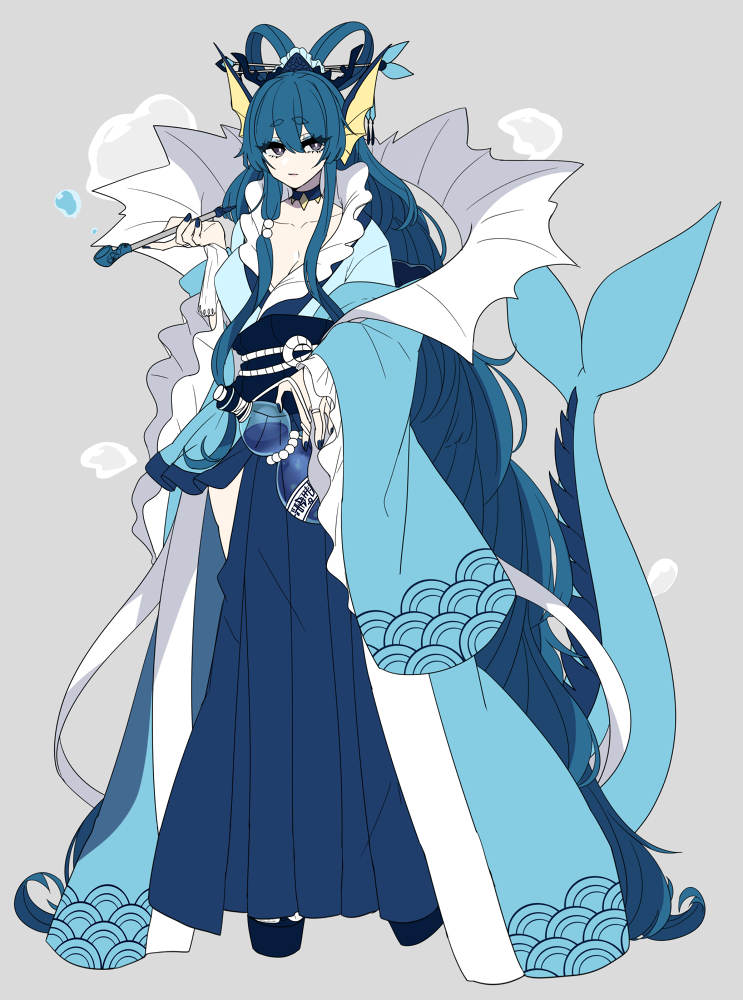 1girl, :|, absurdly_long_hair, blue_hair, blue_nails, bottle, breasts, bubble, choker, cleavage, closed_mouth, creatures_(company), earrings, eyebrows_visible_through_hair, game_freak, gen_1_pokemon, grey_background, hair_ornament, hair_rings, hair_stick, head_fins, jewelry, kiseru, long_hair, monster_girl, nail_polish, nintendo, personification, pipe, platform_footwear, pokemon, shikkoku_neko, sidelocks, tagme, tail, vaporeon, very_long_hair, wide_sleeves