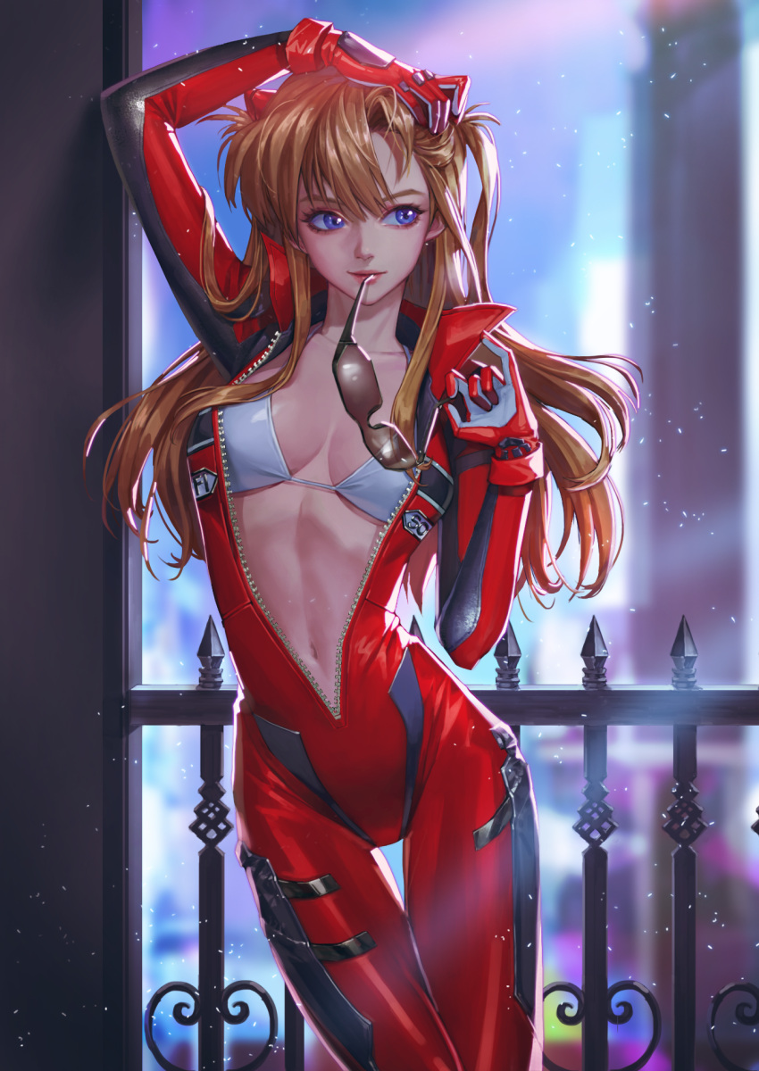 1girl, blue_eyes, bodysuit, breasts, eyewear_in_mouth, eyewear_removed, gloves, hair_ornament
