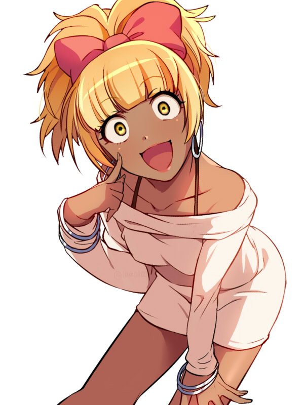 1girl, :d, bangs, bare_shoulders, blonde_hair, blunt_bangs, bow, bracelet