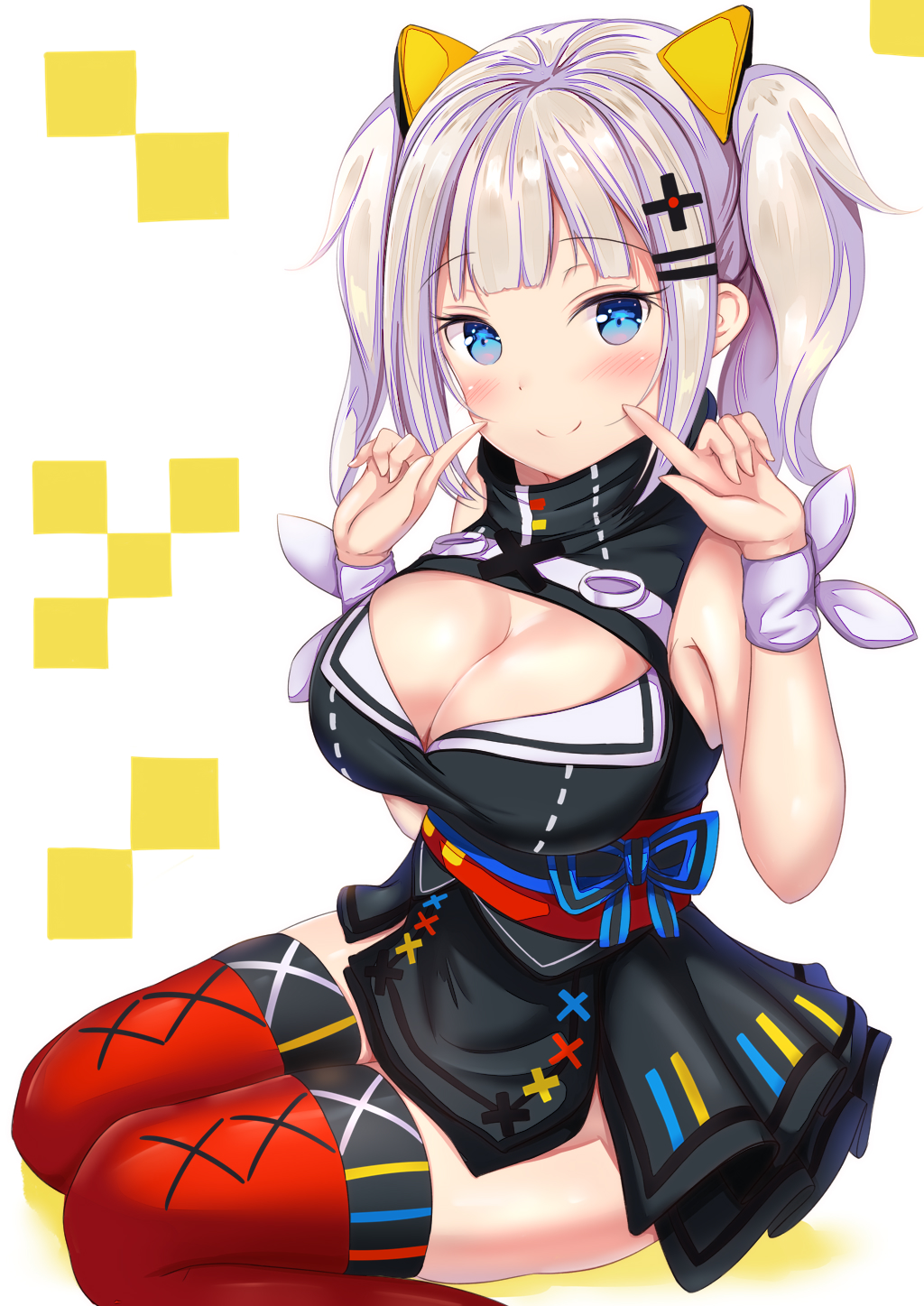 1girl, bangs, bare_arms, black_dress, blue_eyes, blush, breasts, cleavage