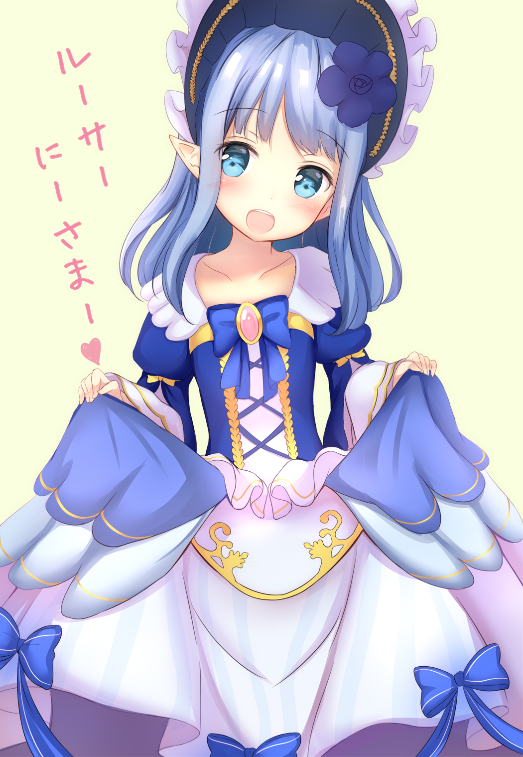 1girl, :d, bangs, blue_bow, blue_dress, blue_eyes, blush, bonnet