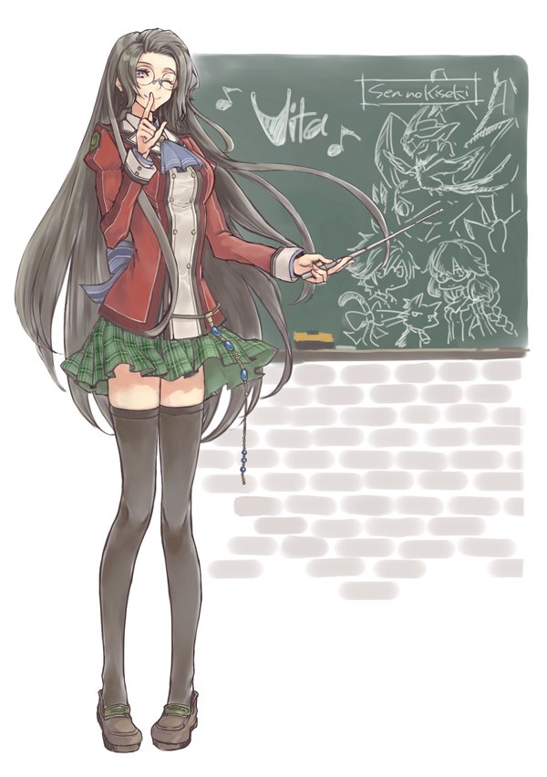 1boy, 2girls, alternate_costume, ascot, black_hair, black_legwear, breasts, celine_(sen_no_kiseki)