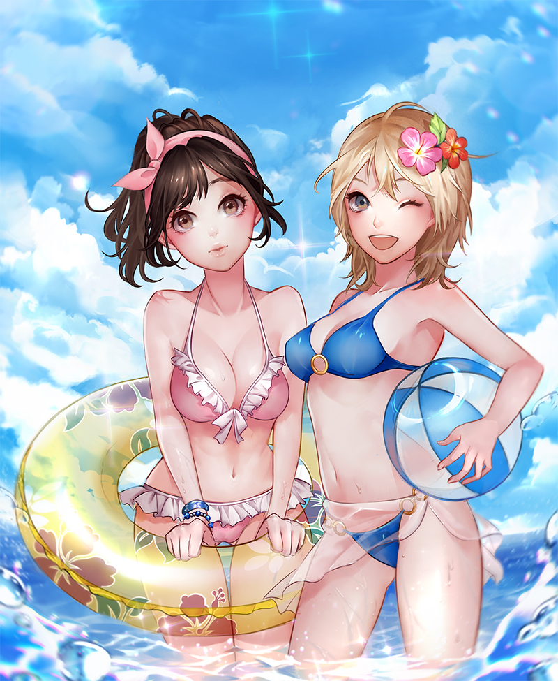 2girls, ;d, allison_(summer_lesson), antweiyi, ball, beachball, bikini, blue_bikini