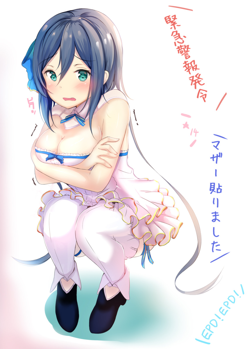 1girl, arms_under_breasts, bangs, bare_arms, blue_bow, blue_footwear, blue_hair, bow