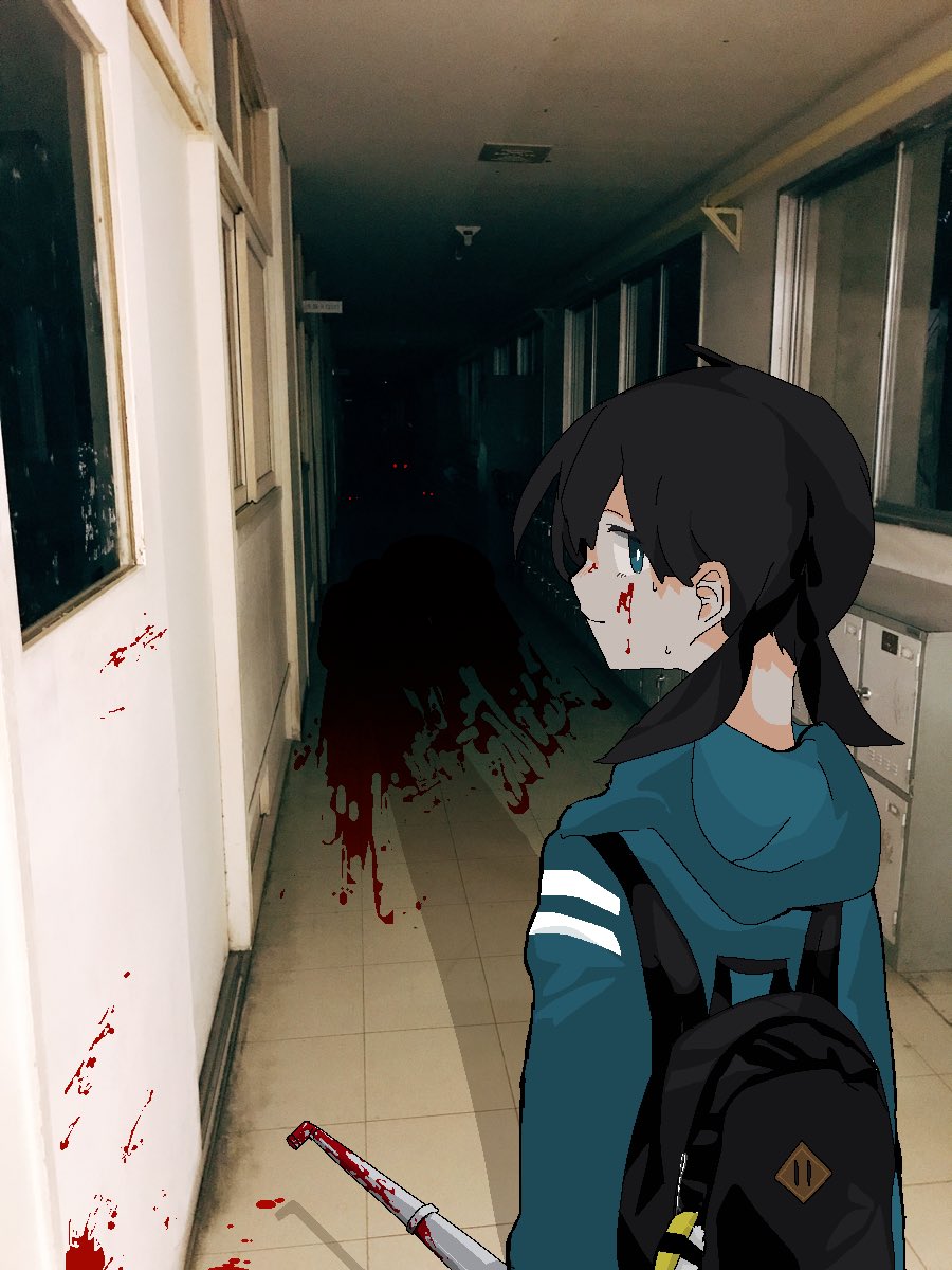 1girl, backpack, bag, bangs, black_hair, blood, blood_on_face, blood_on_wall