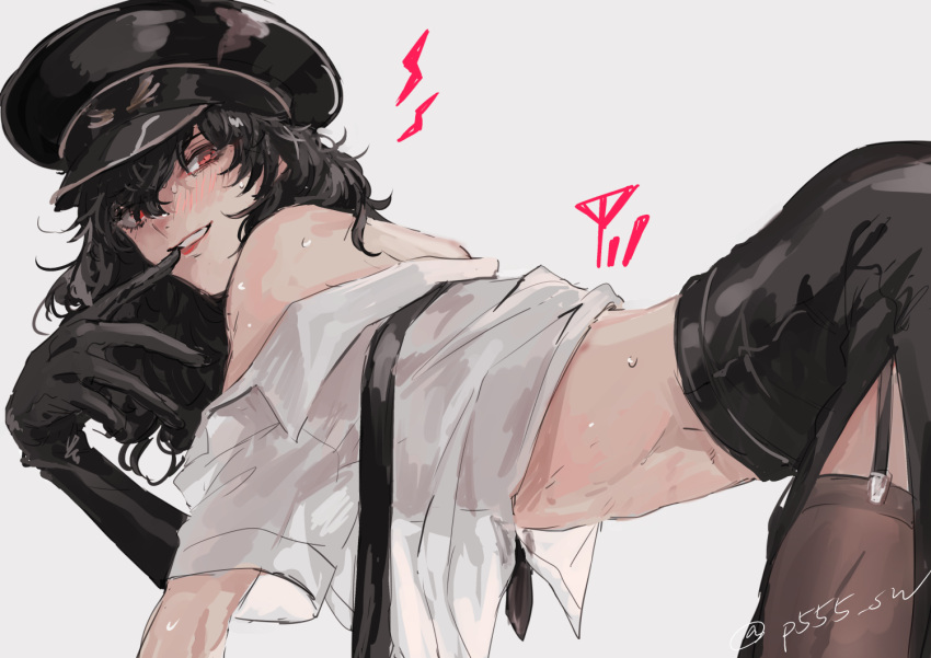 1boy, amamiya_ren, biting, black_gloves, black_hair, blush, crossdressinging, garter_straps