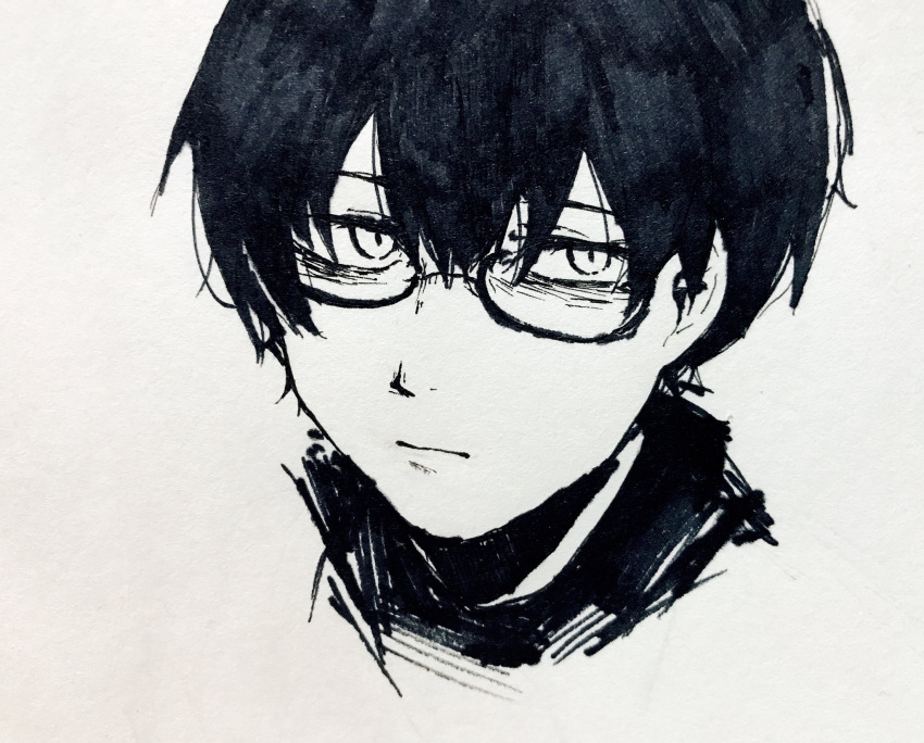 1boy, :|, closed_mouth, commentary_request, eguchi_saan, glasses, greyscale, highres