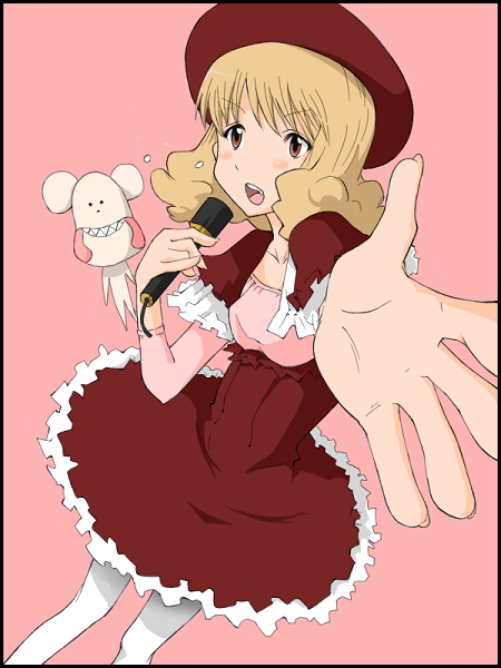 blonde_hair, blush, bokurano, border, coemushi, hat, hentai_(1985), idol