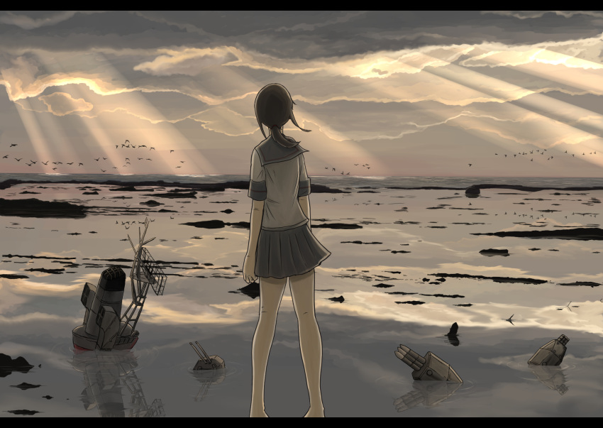 1girl, bird, black_hair, clouds, day, facing_away, fubuki_(kantai_collection), highres