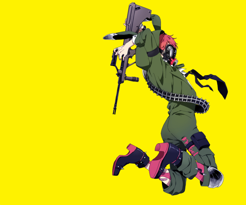 1boy, animal_hood, ankle_boots, arms_up, assault_rifle, asymmetrical_clothes, bandaid, bandolier