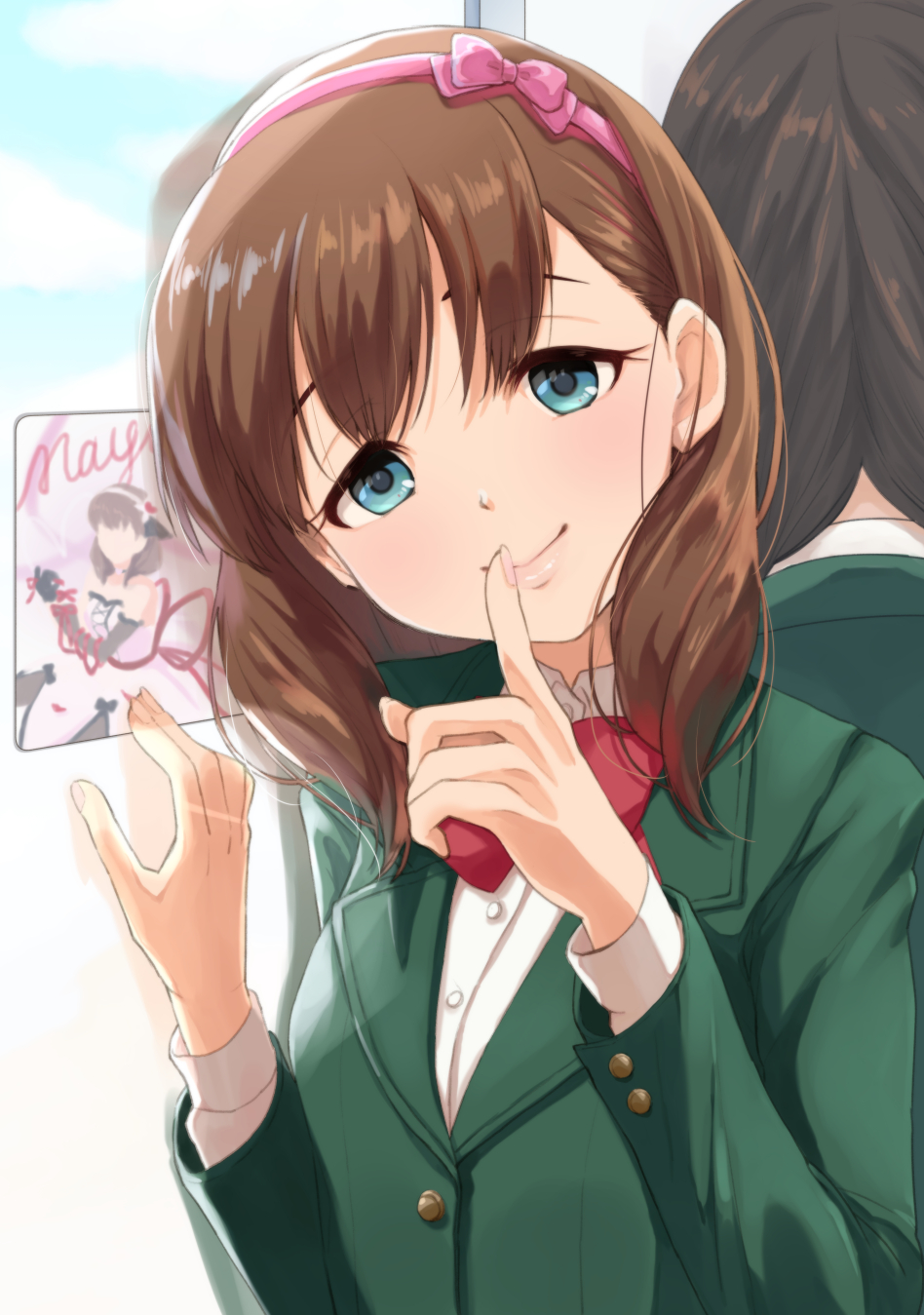 1girl, blazer, blue_eyes, brown_hair, collared_shirt, finger_to_mouth, gotounoriji, green_blazer