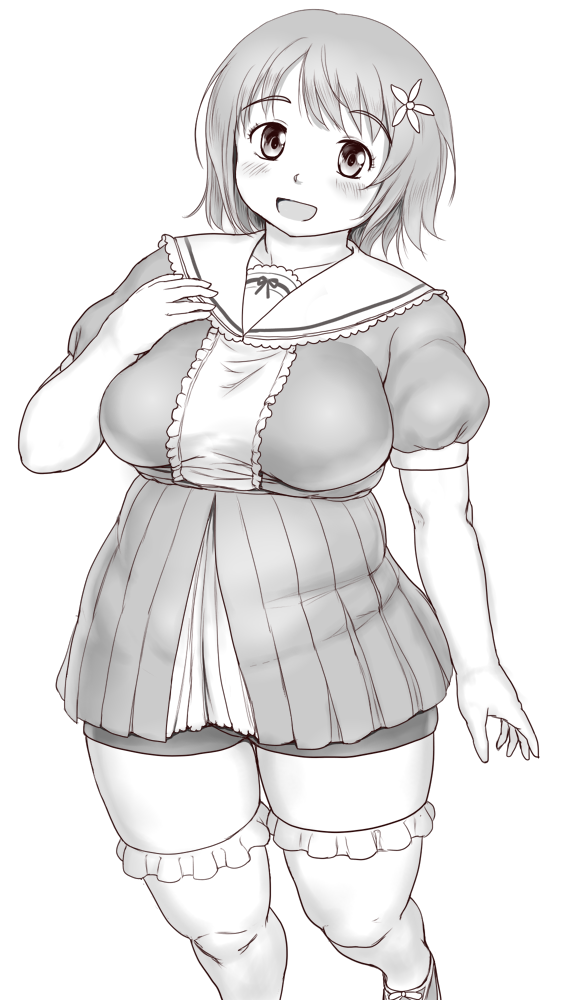 1girl, bangs, belly, blush, breasts, curvy, eyebrows_visible_through_hair, fat