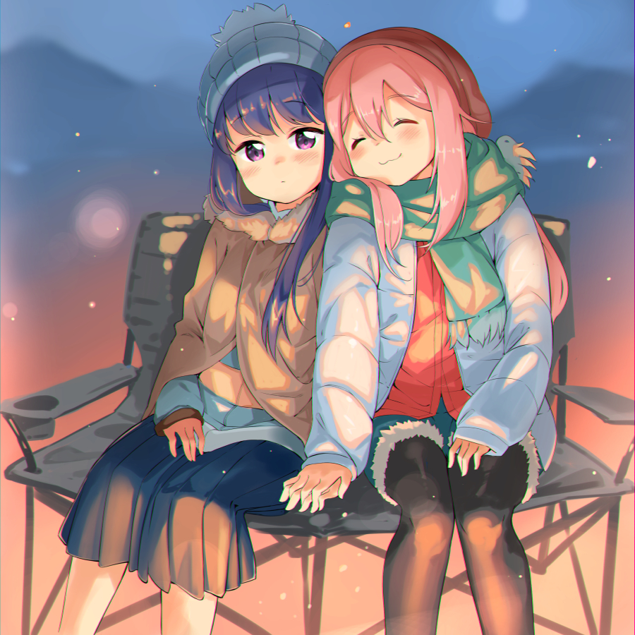 2girls, :3, black_legwear, blue_hair, blue_jacket, blue_skirt, blurry, blush, chair, closed_eyes, closed_mouth, depth_of_field, eyebrows_visible_through_hair, garun_wattanawessako, green_scarf, hair_between_eyes, hand_holding, hat, head_tilt, jacket, kagamihara_nadeshiko, long_hair, long_sleeves, looking_at_viewer, multiple_girls, open_clothes, open_jacket, pantyhose, pink_hair, pleated_skirt, scarf, shawl, shima_rin, shorts, sitting, skirt, sleeves_past_wrists, very_long_hair, violet_eyes, yurucamp