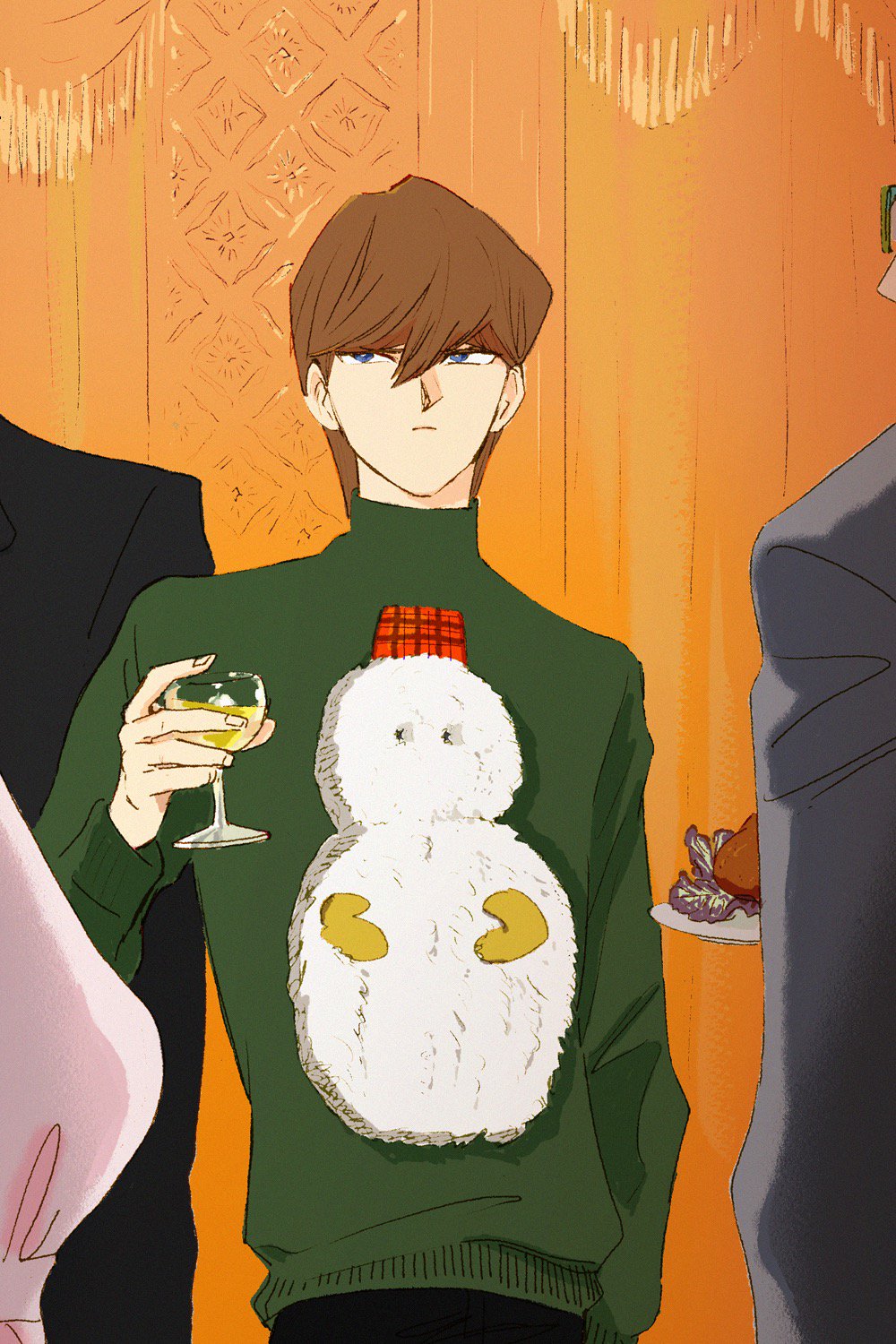 1boy, artist_request, blue_eyes, brown_hair, cup, drinking_glass, highres, kaiba_seto