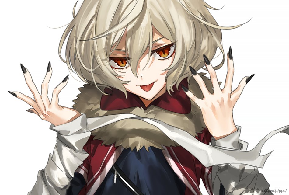 1boy, akira_hou, bicine_(precure), black_nails, bob_cut, fur_collar, hugtto!_precure, looking_at_viewer, male_focus, nail_polish, platinum_blonde, precure, simple_background, solo, tongue, tongue_out, upper_body, white_background