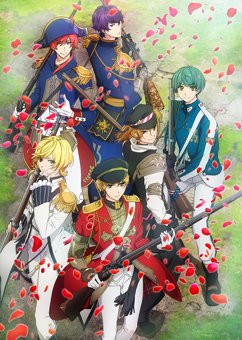 6+boys, aiguillette, antique_firearm, aqua_eyes, aqua_hair, armlet, armor, bangs, black_gloves, blonde_hair, blue_eyes, brown_bess_(senjuushi), charleville_(senjuushi), choker, epaulettes, firearm, firelock, flintlock, frown, gauntlets, gloves, gun, hat, holding, holding_gun, holding_weapon, kentucky_(senjuushi), majiro_(mazurka), male_focus, military, military_hat, military_uniform, multiple_boys, musket, napoleon_(senjuushi), official_art, over_shoulder, peaked_cap, petals, pink_eyes, ponytail, purple_hair, rapp_(senjuushi), red_eyes, redhead, rifle, rose_petals, senjuushi:_the_thousand_noble_musketeers, short_hair, short_twintails, shotgun, single_gauntlet, smile, springfield_(senjuushi), twintails, uniform, weapon, weapon_over_shoulder, white_gloves, yellow_eyes