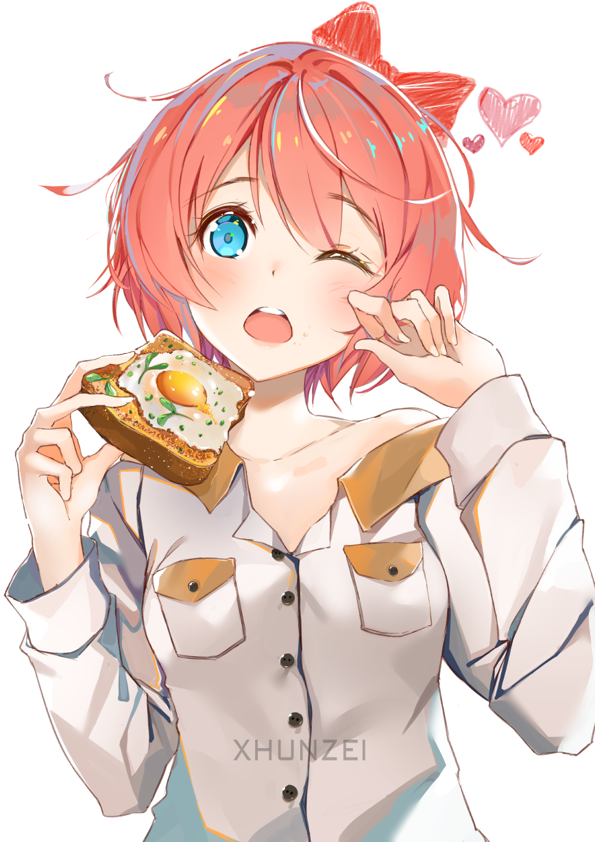 1girl, ;o, artist_name, blue_eyes, blush, bow, breast_pocket, collarbone