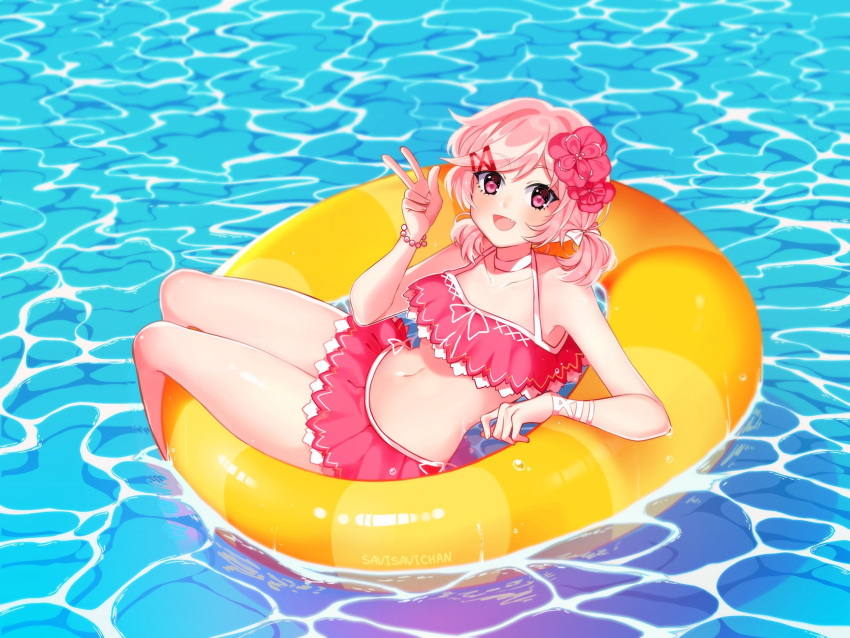 1girl, :d, bead_bracelet, beads, bikini, bracelet, commentary, doki_doki_literature_club, english_commentary, eyebrows_visible_through_hair, fanf, flower, hair_flower, hair_ornament, highres, innertube, jewelry, low_twintails, medium_hair, natsuki_(doki_doki_literature_club), navel, open_mouth, pink_eyes, pink_hair, savi_(byakushimc), short_twintails, smile, solo, swimsuit, twintails, w, water, yellow_innertube