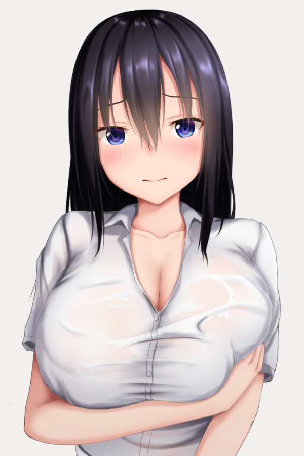 1girl, arm_across_chest, bangs, black_hair, blue_eyes, blush, breast_hold, breasts