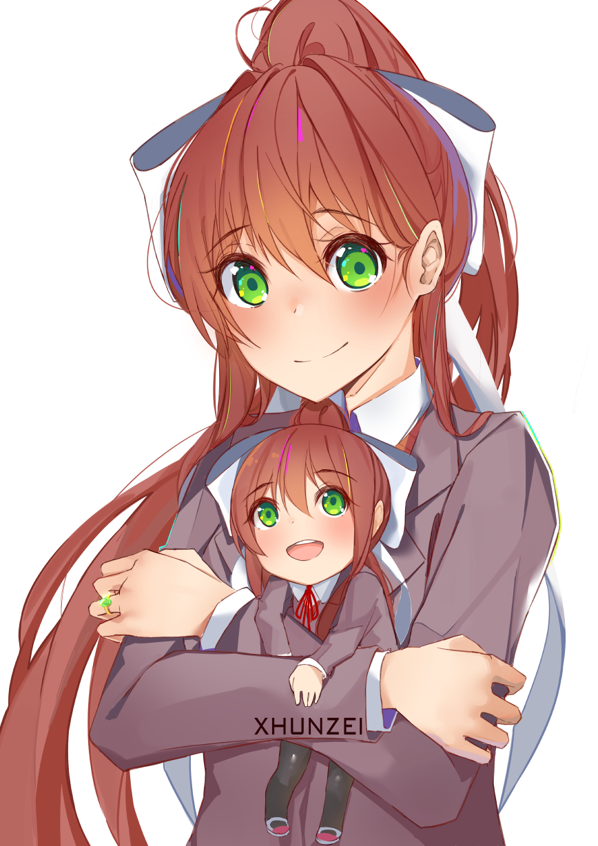 2girls, :d, brown_hair, chibi, chibi_hug, collared_shirt, commentary, doki_doki_literature_club, dual_persona, eyebrows_visible_through_hair, eyes_visible_through_hair, green_eyes, grey_jacket, hair_between_eyes, hair_ribbon, highres, jacket, jewelry, long_hair, looking_at_viewer, minigirl, monika_(doki_doki_literature_club), multiple_girls, open_mouth, ponytail, ribbon, ring, school_uniform, shirt, simple_background, smile, upper_body, wedding_ring, white_background, white_ribbon, white_shirt, xhunzei