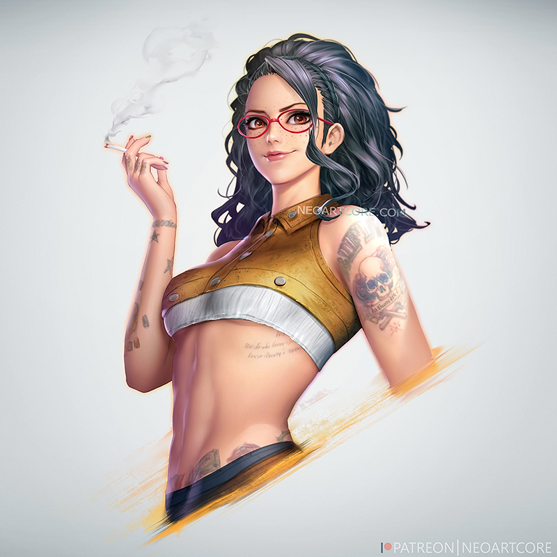 1girl, artist_name, bare_shoulders, black_hair, breasts, brown_eyes, cigarette, closed_mouth, commentary, crop_top, cropped_torso, devil_may_cry_5, english_commentary, forehead, freckles, glasses, gradient, gradient_background, grey_background, hairband, holding, holding_cigarette, lips, long_hair, looking_at_viewer, multicolored, multicolored_nails, nail_polish, nico_(devil_may_cry), nudtawut_thongmai, patreon_logo, pink_lips, red-framed_eyewear, shoulder_tattoo, skull_tattoo, small_breasts, smile, smoke, solo, stomach, tattoo, toned, under_boob, upper_body, watermark, web_address, wing_collar