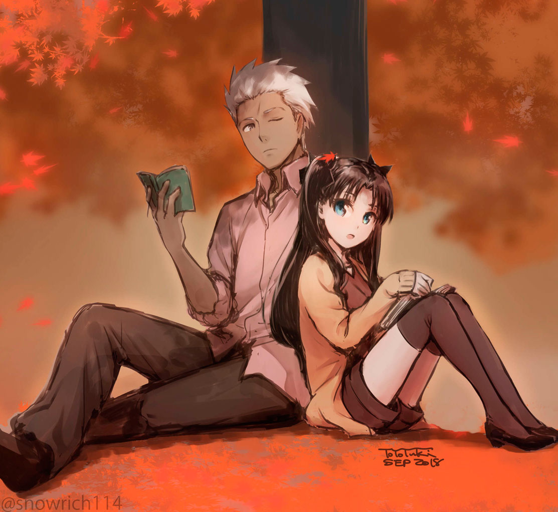 1boy, 1girl, :o, against_tree, archer, artist_name, autumn, autumn_leaves