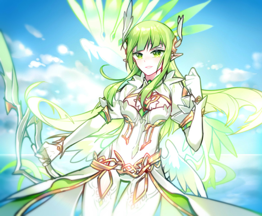 1girl, bow, chuki_(lydia), daybreaker_(elsword), elf, elsword, familiar, gloves
