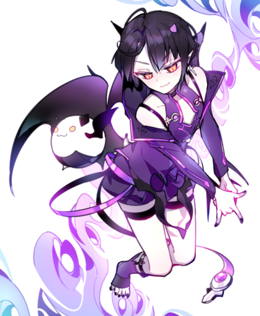 1boy, angkor_(elsword), barefoot, bat_wings, black_hair, chuki_(lydia), collarbone, demon_boy
