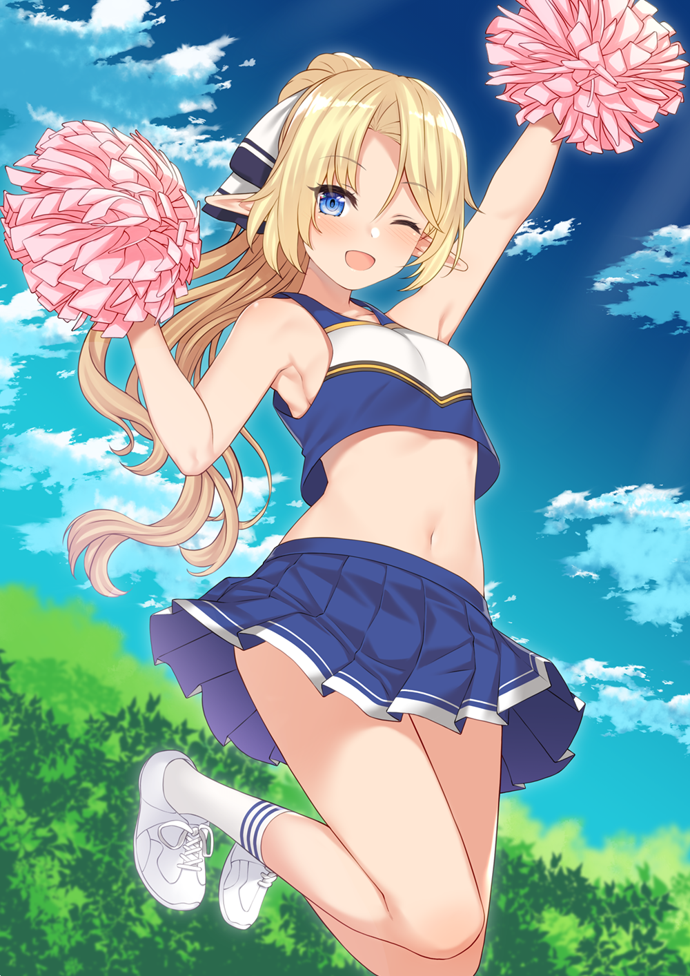 1girl, ;d, armpits, arms_up, bangs, bare_shoulders, blonde_hair, blue_eyes
