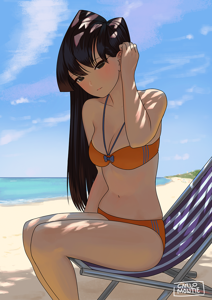 1girl, adjusting_hair, artist_name, beach, beach_chair, bikini, black_eyes, black_hair