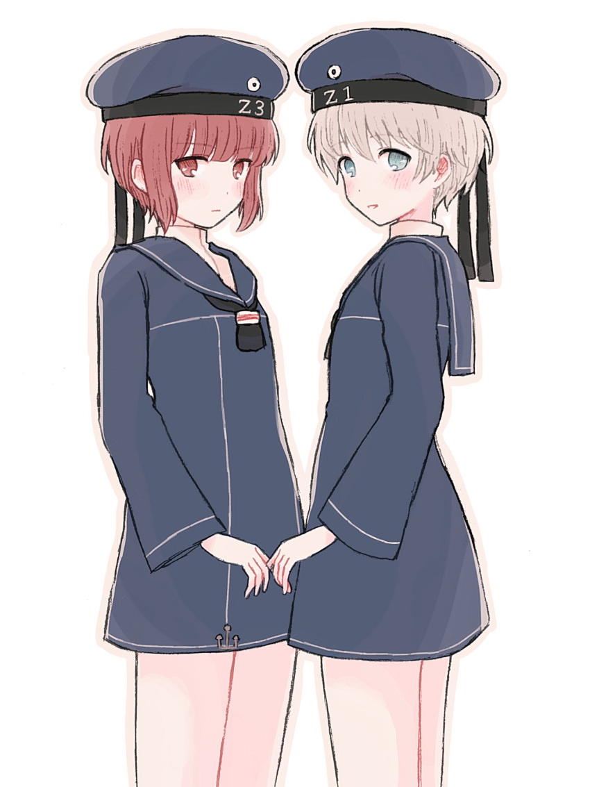 2girls, black_neckwear, blue_dress, blue_eyes, brown_eyes, brown_hair, clothes_writing, cowboy_shot