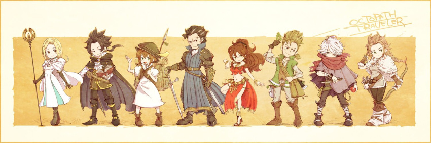 alfyn_(octopath_traveler), bag, blonde_hair, bracelet, braid, brown_hair, cape, chibi