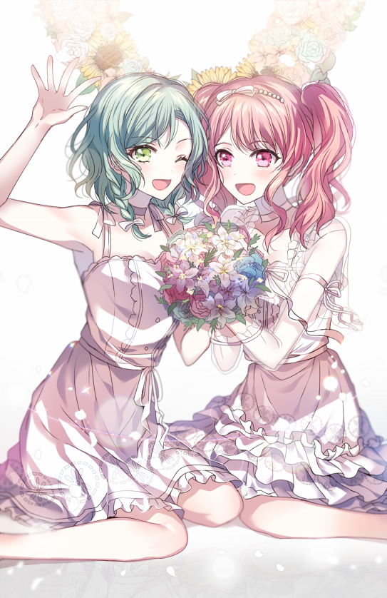 2girls, :d, ;d, aqua_hair, bang_dream!, blue_flower, blush, bouquet