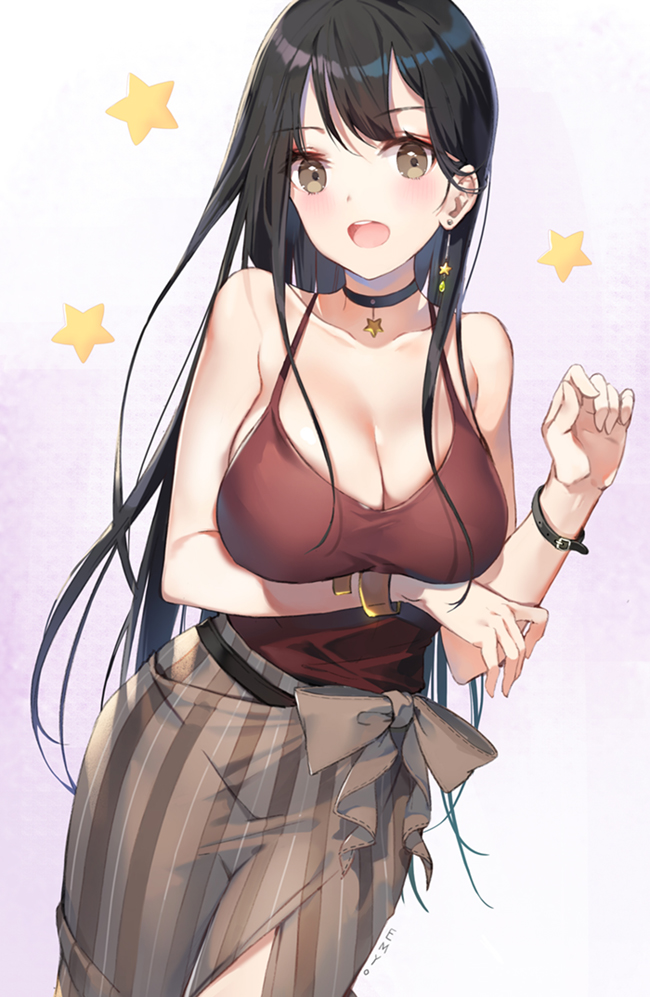 1girl, :d, artist_name, black_hair, bracelet, breast_hold, breasts, brown_eyes