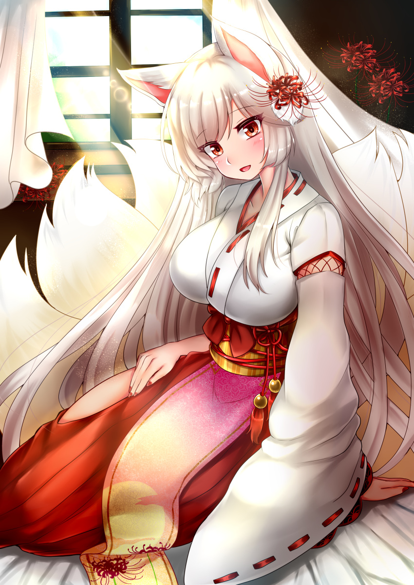 1girl, absurdres, albino, animal_ears, ao_(ao_10bx), blush, breasts, flower