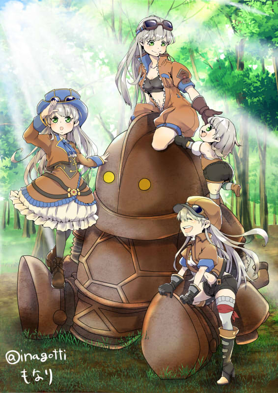 :d, black_footwear, blue_hat, boots, brown_footwear, brown_hat, brown_skirt, climbing