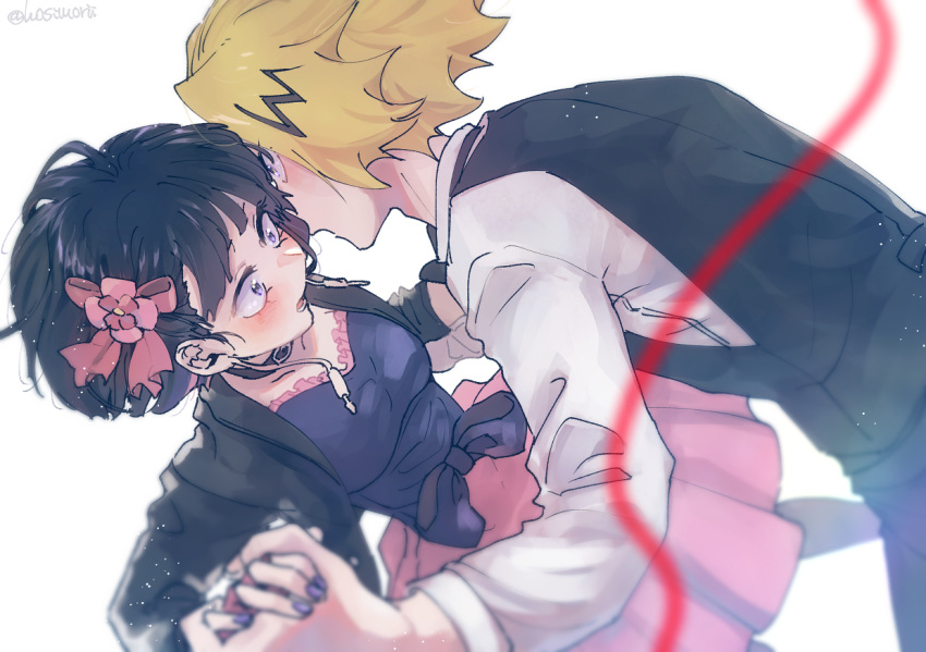 1boy, 1girl, bangs, black_hair, blonde_hair, blunt_bangs, blush, boku_no_hero_academia