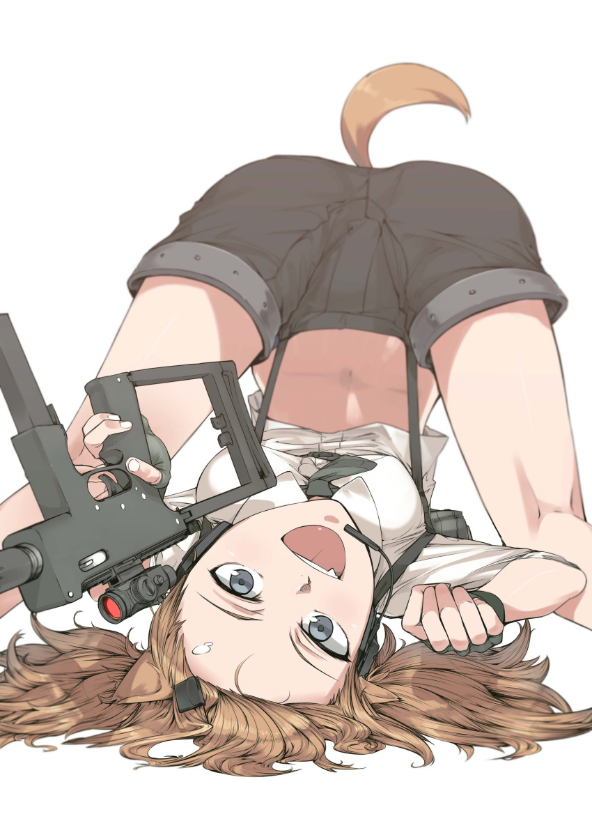 1girl, absurdres, animal_ears, between_breasts, blonde_hair, breasts, cat_ears, cat_tail, fangs, fingerless_gloves, girls_frontline, gloves, grey_eyes, gun, highres, holding, holding_gun, holding_weapon, idw_(girls_frontline), kiriko_works, looking_at_viewer, navel, necktie, necktie_between_breasts, open_mouth, shorts, smile, solo, suspender_shorts, suspenders, tail, twintails, upside-down, weapon