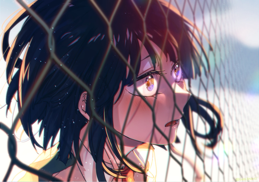 1girl, bangs, black_hair, blunt_bangs, boku_no_hero_academia, chain-link_fence, choker, close-up